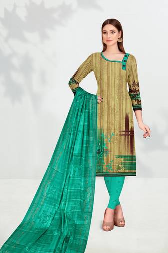 Beige Floral Print Cotton Unstitched Salwar Kameez With Dupatta