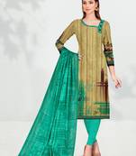 Beige Floral Print Cotton Unstitched Salwar Kameez With Dupatta