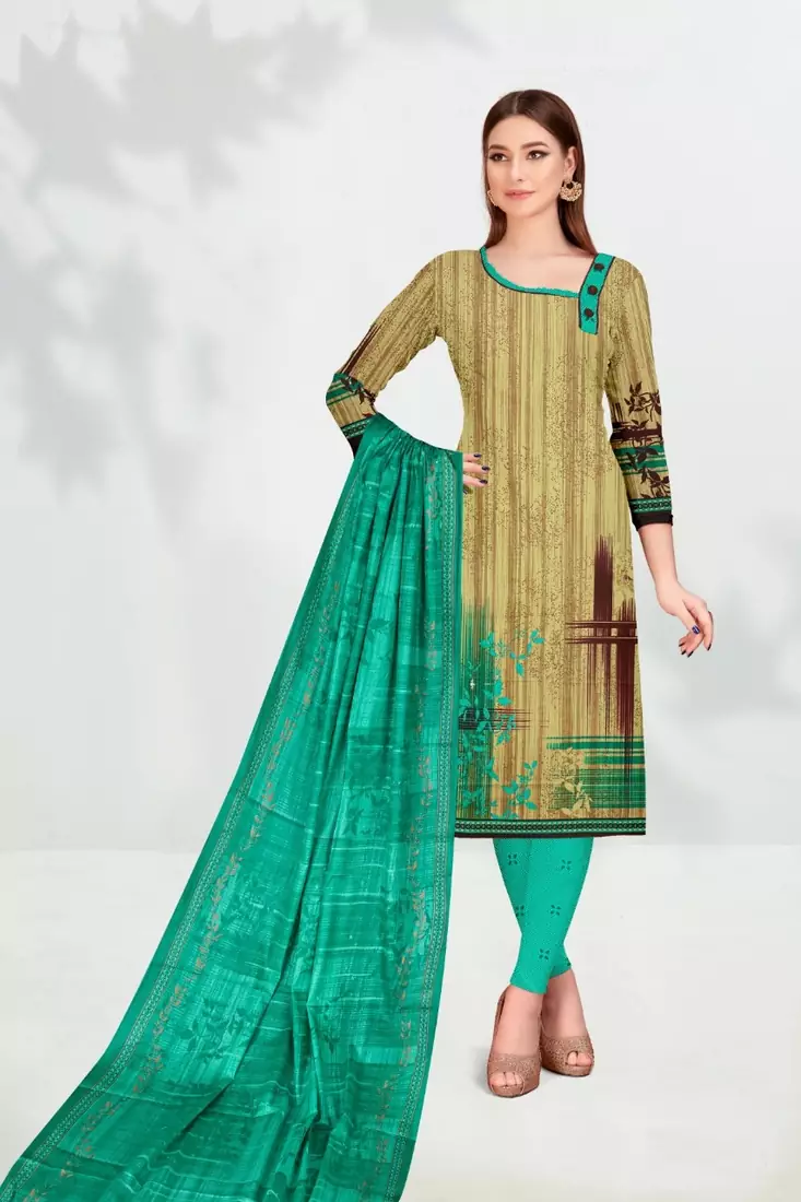 Beige Floral Print Cotton Unstitched Salwar Kameez With Dupatta