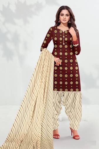 Maroon Floral Print Cotton Unstitched Salwar Kameez With Dupatta