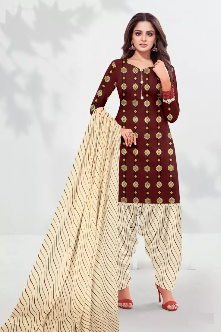 Maroon Floral Print Cotton Unstitched Salwar Kameez With Dupatta