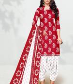 Red Floral Print Cotton Unstitched Salwar Kameez With Dupatta