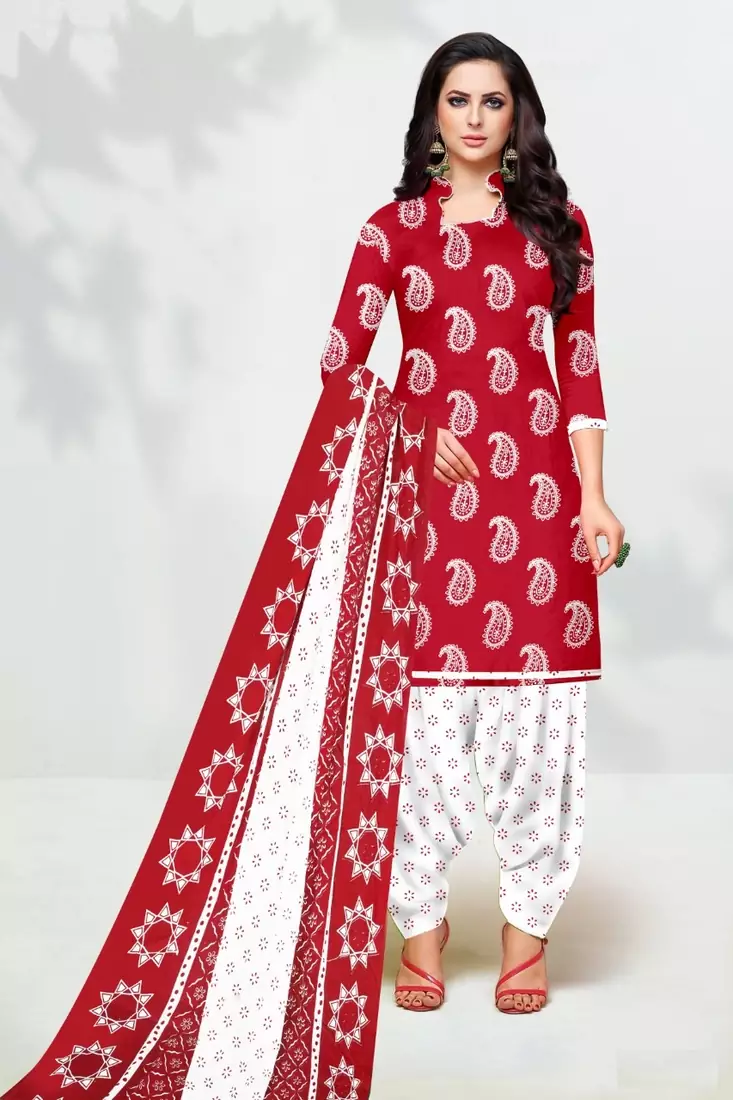 Red Floral Print Cotton Unstitched Salwar Kameez With Dupatta