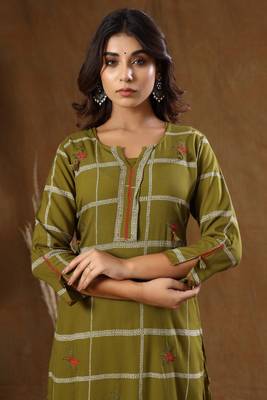 KAAJH Green Embroidered Cotton Kurta With Inner 5