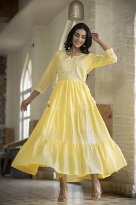 KAAJH Yellow Embroidered Anarkali Kurta 1
