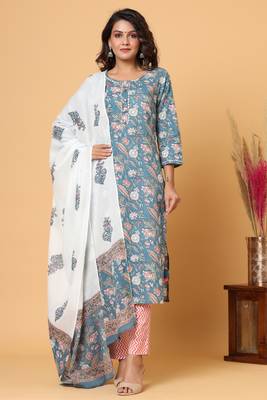 KAAJH Blue Floral Print Cotton Suit Set 1