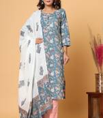 KAAJH Blue Floral Print Cotton Suit Set