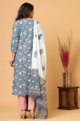 KAAJH Blue Floral Print Cotton Suit Set 2