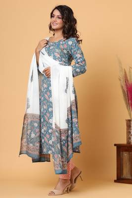 KAAJH Blue Floral Print Cotton Suit Set 3