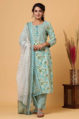 KAAJH Sea Green Floral Print Cotton Suit Set 1