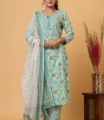 KAAJH Sea Green Floral Print Cotton Suit Set