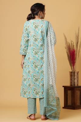 KAAJH Sea Green Floral Print Cotton Suit Set 2