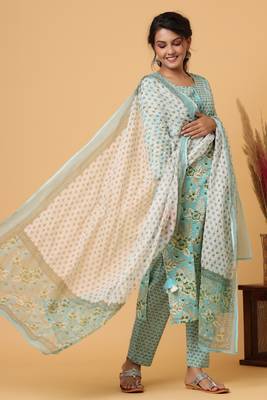 KAAJH Sea Green Floral Print Cotton Suit Set 3