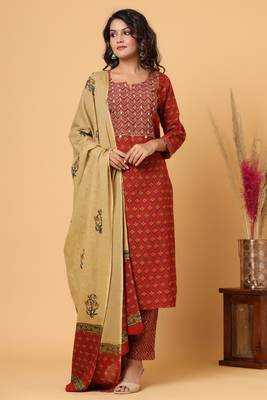 KAAJH Red Floral Print Cotton Suit Set 1