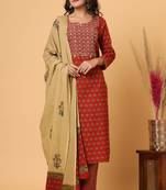 KAAJH Red Floral Print Cotton Suit Set