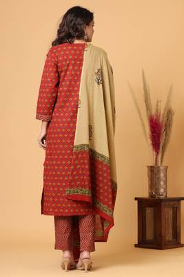 KAAJH Red Floral Print Cotton Suit Set 2