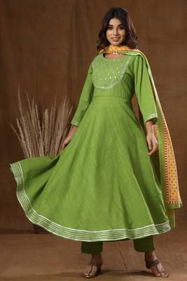 KAAJH Green Solid Print Cotton Anarkali Suit Set 1