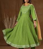 KAAJH Green Solid Print Cotton Anarkali Suit Set
