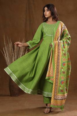 KAAJH Green Solid Print Cotton Anarkali Suit Set 3