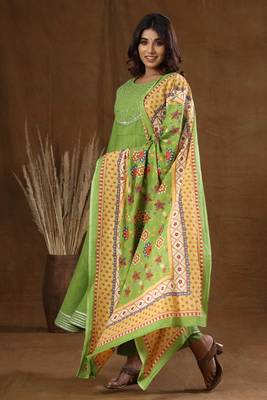 KAAJH Green Solid Print Cotton Anarkali Suit Set 4