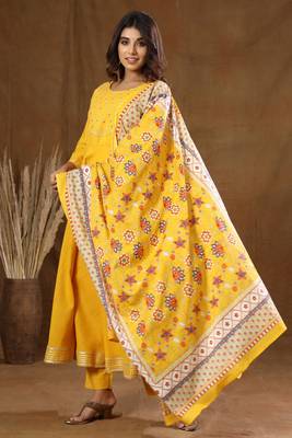 KAAJH Yellow Solid Print Cotton Anarkali Suit Set 4