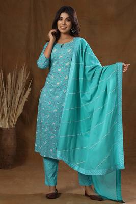KAAJH Green Floral Print Cotton Suit Set 1
