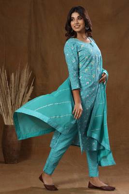 KAAJH Green Floral Print Cotton Suit Set 4