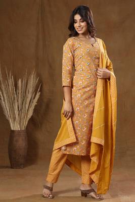 KAAJH Mustard Floral Print Cotton Suit Set 4