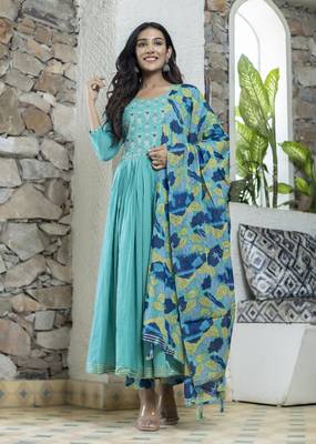 KAAJH Turquoise Printed Cotton Anarkali Suit Set 1