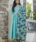 KAAJH Turquoise Printed Cotton Anarkali Suit Set