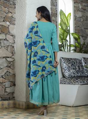 KAAJH Turquoise Printed Cotton Anarkali Suit Set 2