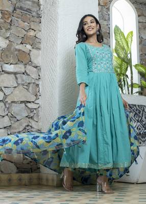 KAAJH Turquoise Printed Cotton Anarkali Suit Set 3