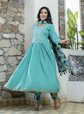 KAAJH Turquoise Printed Cotton Anarkali Suit Set 4