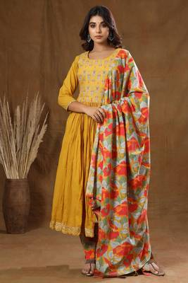 KAAJH Yellow Printed Cotton Anarkali Suit Set 1