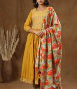 KAAJH Yellow Printed Cotton Anarkali Suit Set