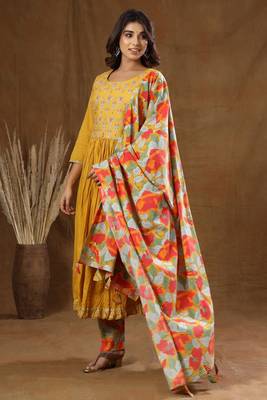 KAAJH Yellow Printed Cotton Anarkali Suit Set 3