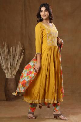 KAAJH Yellow Printed Cotton Anarkali Suit Set 4