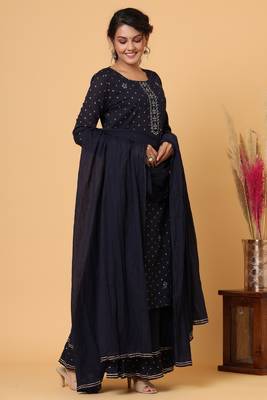 KAAJH Blue Gold Print Cotton Suit Set 4