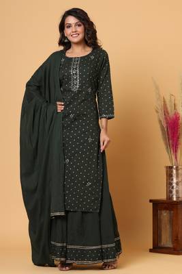 KAAJH Green Gold Print Cotton Suit Set 1