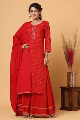 KAAJH Red Gold Print Cotton Suit Set 1