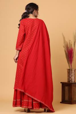 KAAJH Red Gold Print Cotton Suit Set 2
