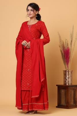 KAAJH Red Gold Print Cotton Suit Set 3
