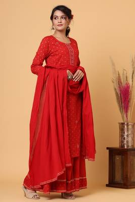 KAAJH Red Gold Print Cotton Suit Set 4