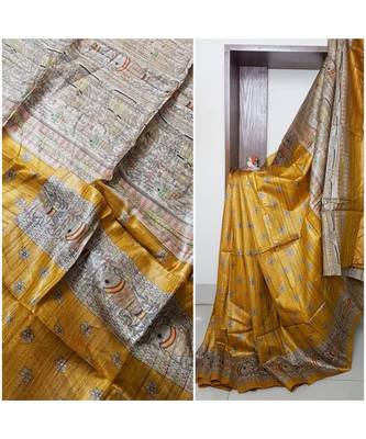 dark yellow pure tussar silk Woven   saree with blouse 3