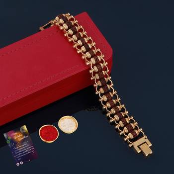Designe Gold Plated Beads Rudraksha Bracelet Rakhi For Boys Men With Roli Chawal Greeting Card 1