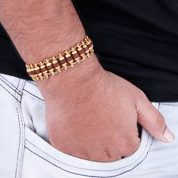 Designe Gold Plated Beads Rudraksha Bracelet Rakhi For Boys Men With Roli Chawal Greeting Card 2