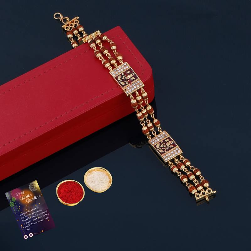 Three Layer Gold Plated Beads Rudraksha Bracelet Rakhi For Boys
