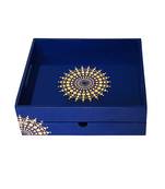 Tray with Drawer Hand Painted Dining Table Tea Coffee Spoon Fork Holder Wooden Tray (Blue)