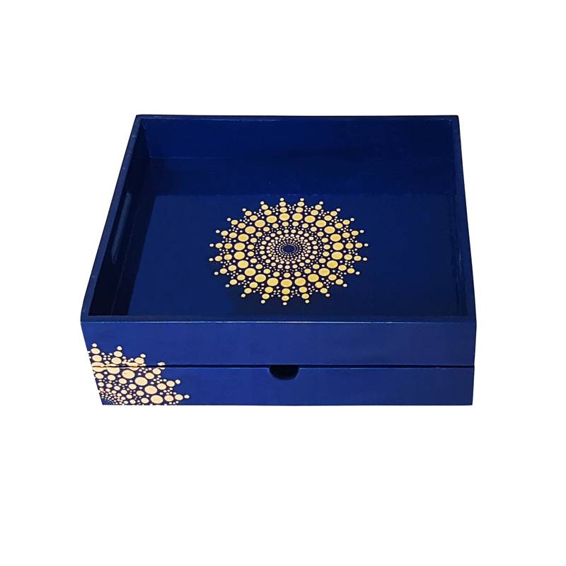 Tray with Drawer Hand Painted Dining Table Tea Coffee Spoon Fork Holder Wooden Tray (Blue)