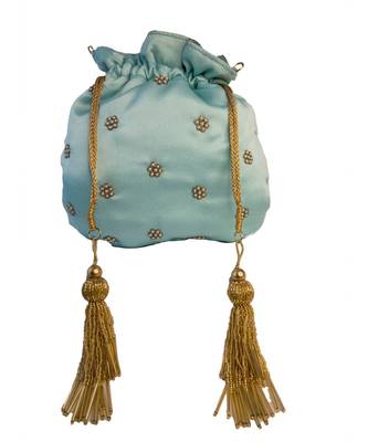 Sea Blue Pearl & Zardozi Work Potli Bag 2